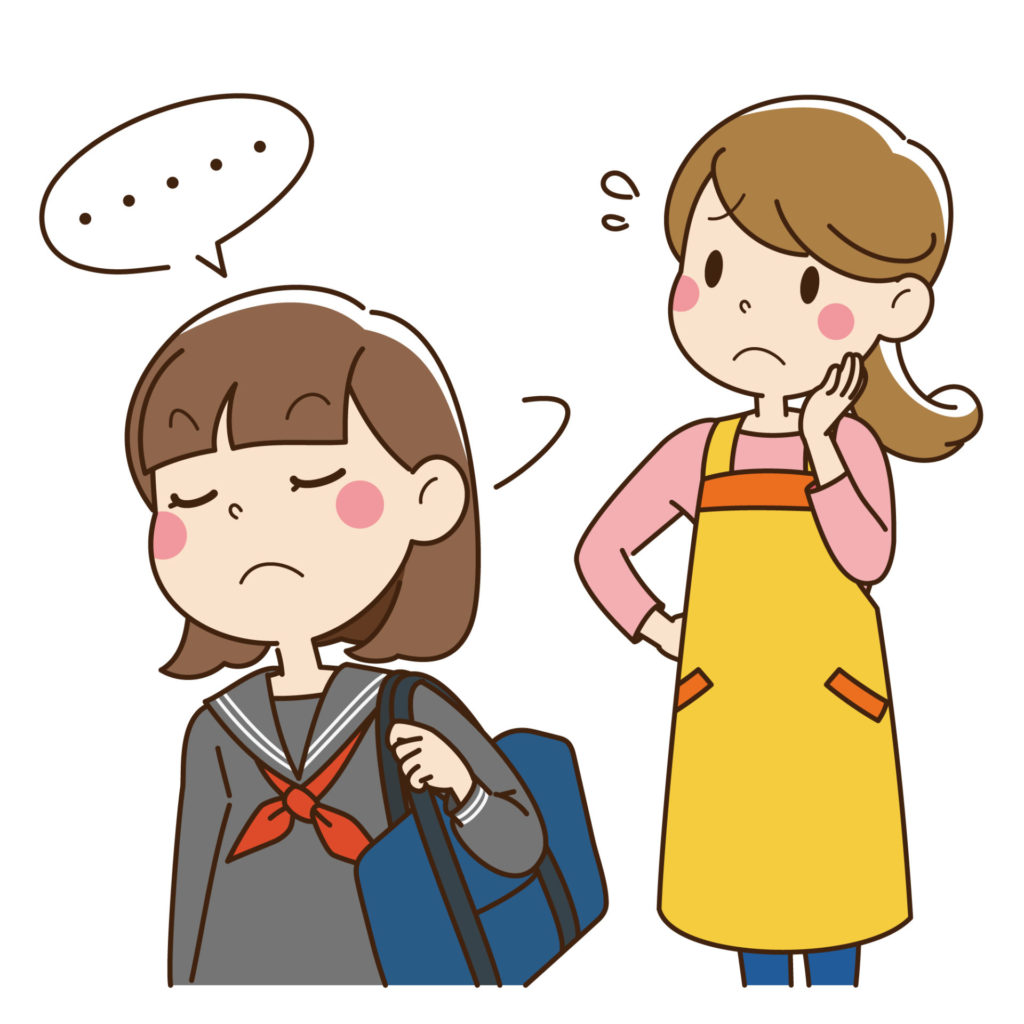 学校に行きたがらない制服姿の娘と困っている母親のイラスト。無理やり学校に連れて行くことによるトラウマや心の傷について